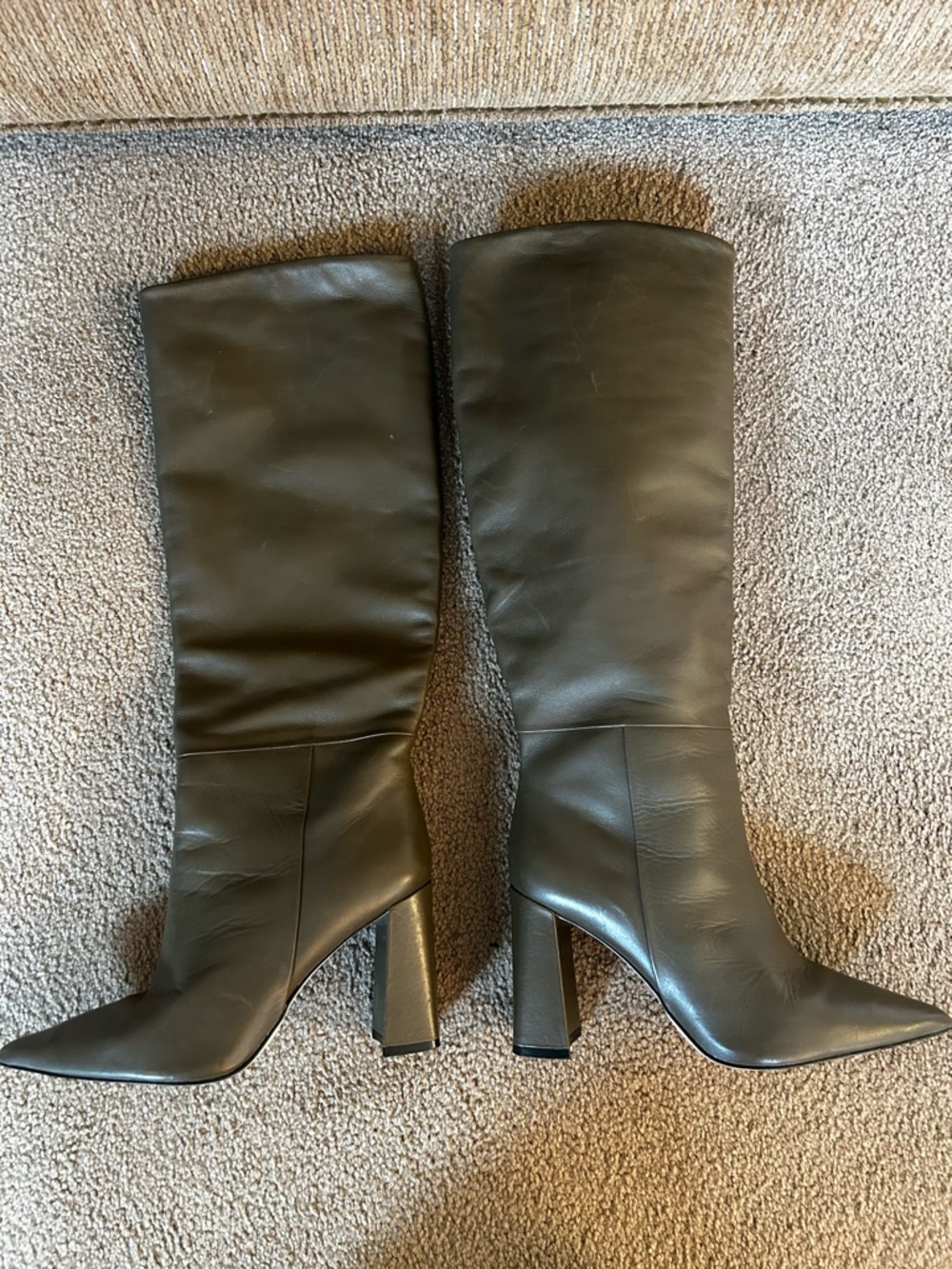 Tall Olive Leather Knee Boots with Block Heel size 8